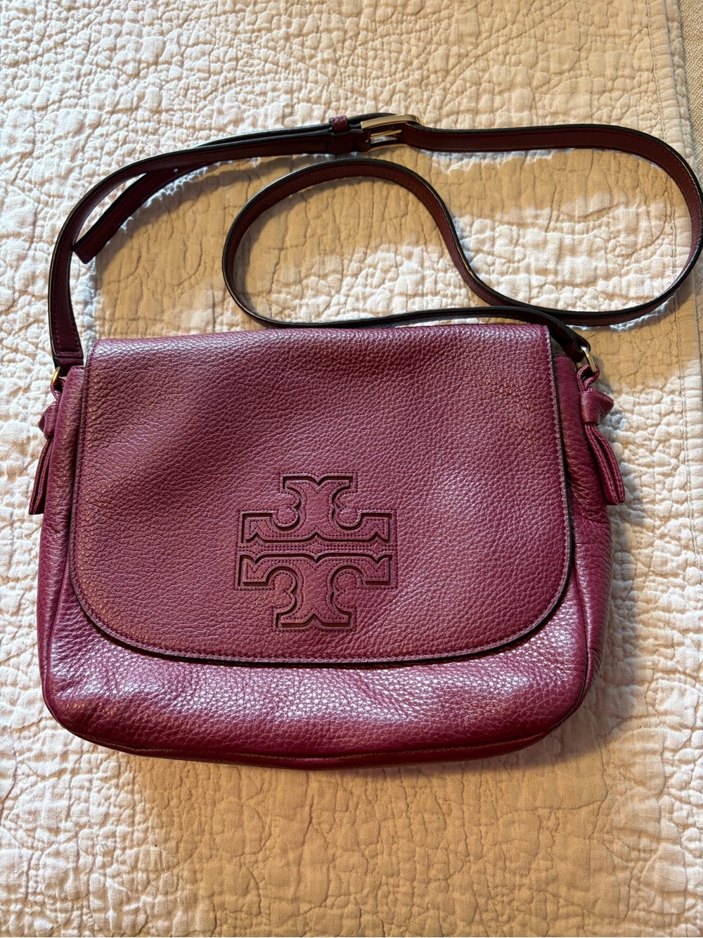 Tory Burch Burgundy Pebbled Leather Crossbody Bag